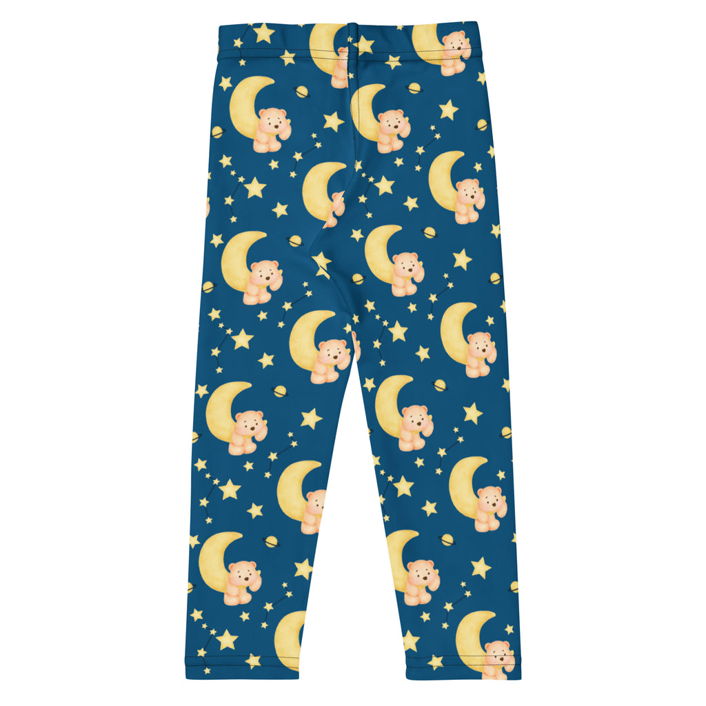 Blue kids leggings with buttery soft fabric featuring yellow moons stars and beige teddy bears night sky pattern