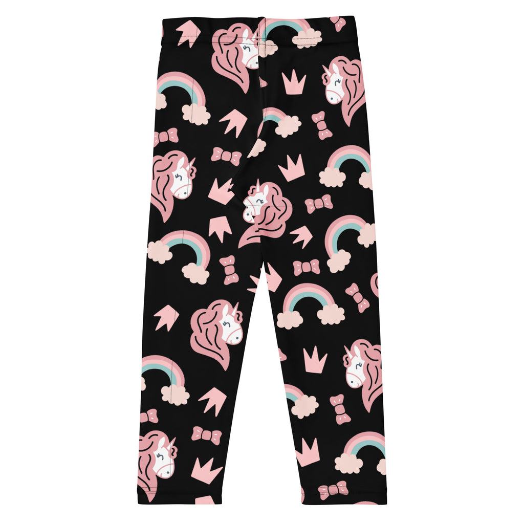 Girls unicorn rainbow buttery soft black leggings with playful pink unicorns rainbows crowns and bows pattern