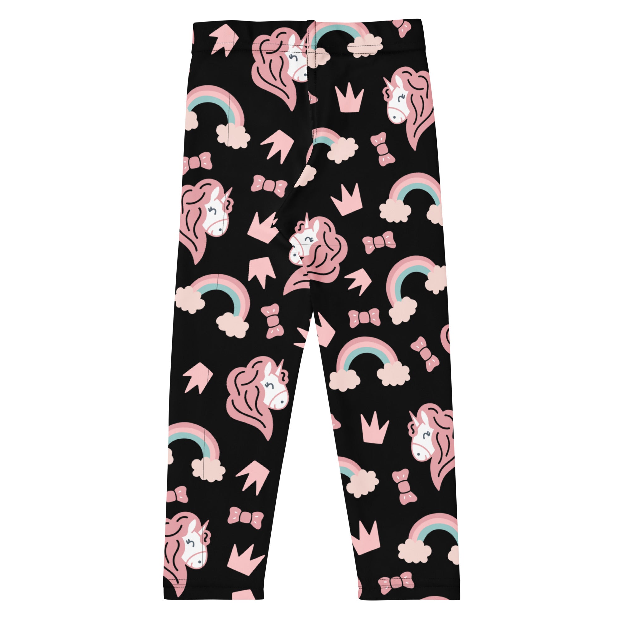 Girls unicorn rainbow buttery soft black leggings with playful pink unicorns rainbows crowns and bows pattern