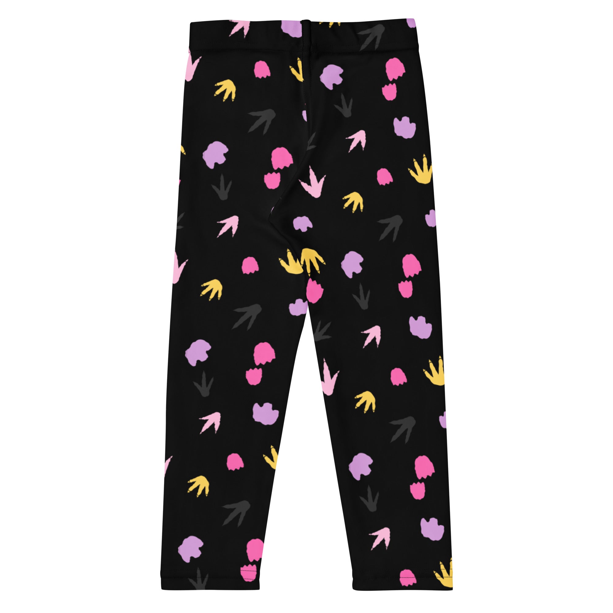 Girls dinosaur footprint buttery soft black leggings with playful pink purple yellow abstract shapes pattern