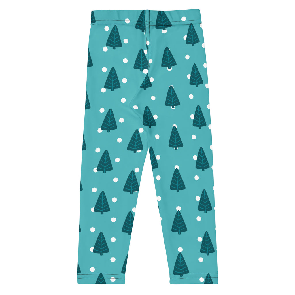 Kids christmas tree snow buttery soft teal leggings with dark green pine tree and white polka dot pattern