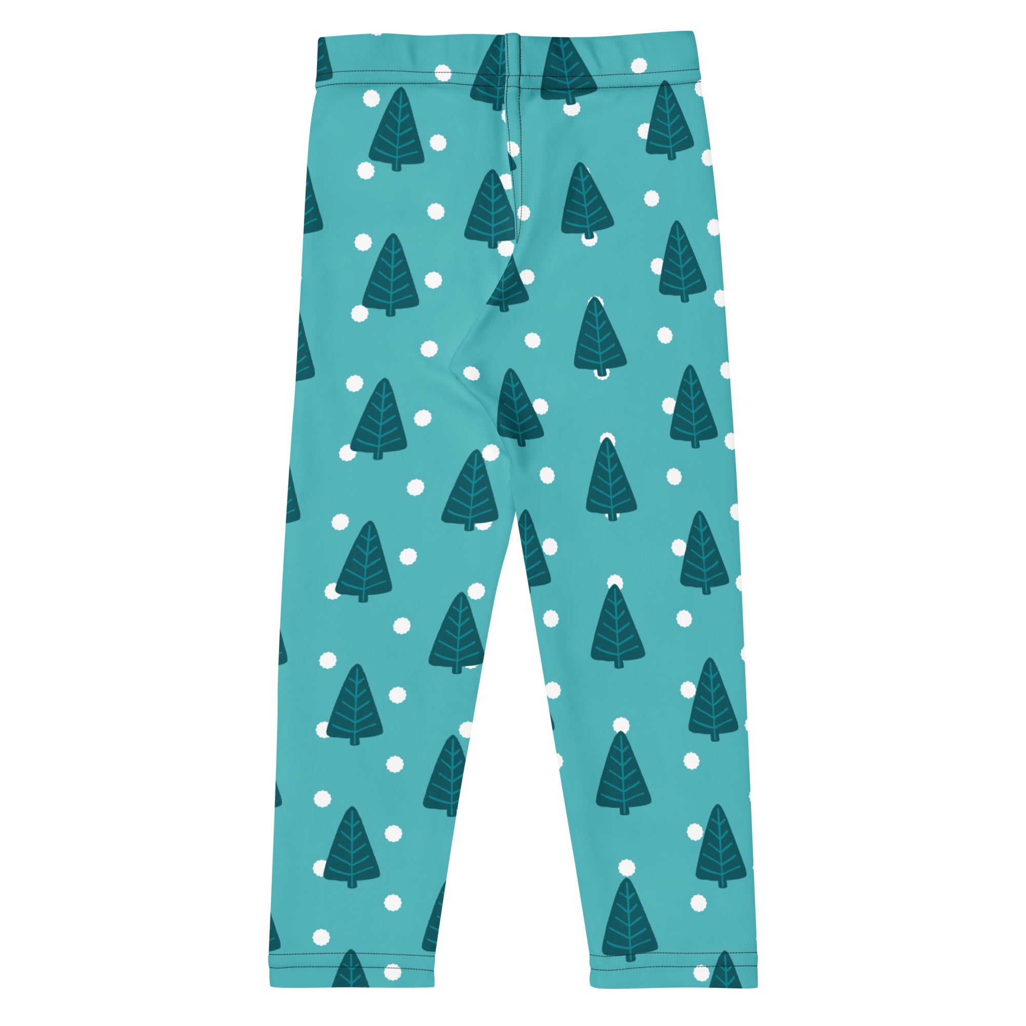 Kids christmas tree snow buttery soft teal leggings with dark green pine tree and white polka dot pattern