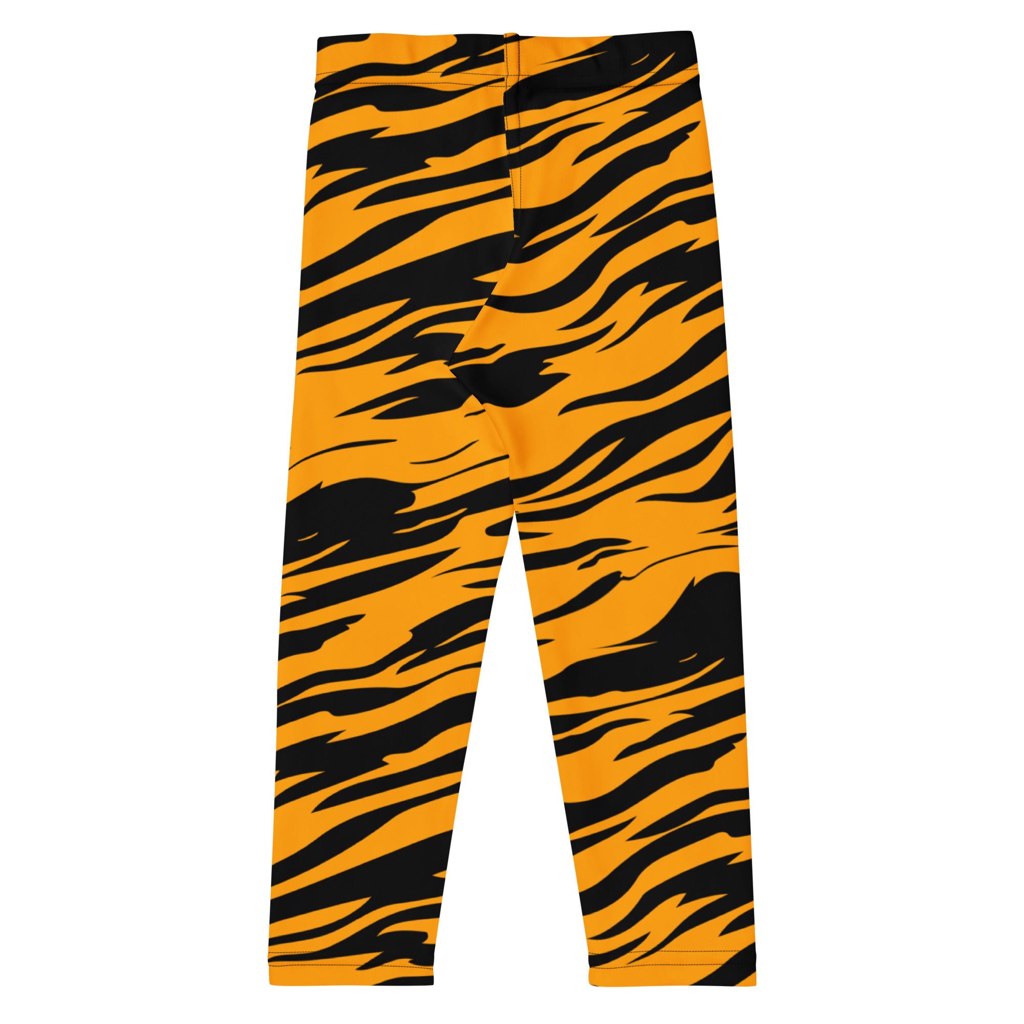 Kids tiger stripe buttery soft leggings in bright orange and black with tiger stripe pattern and soft fabric