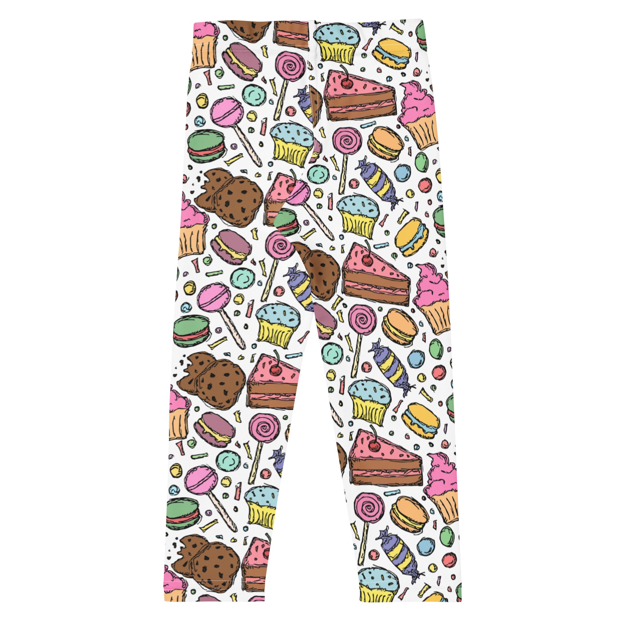 White buttery soft girls leggings with colorful cartoon cupcakes macarons lollipops and cake dessert print