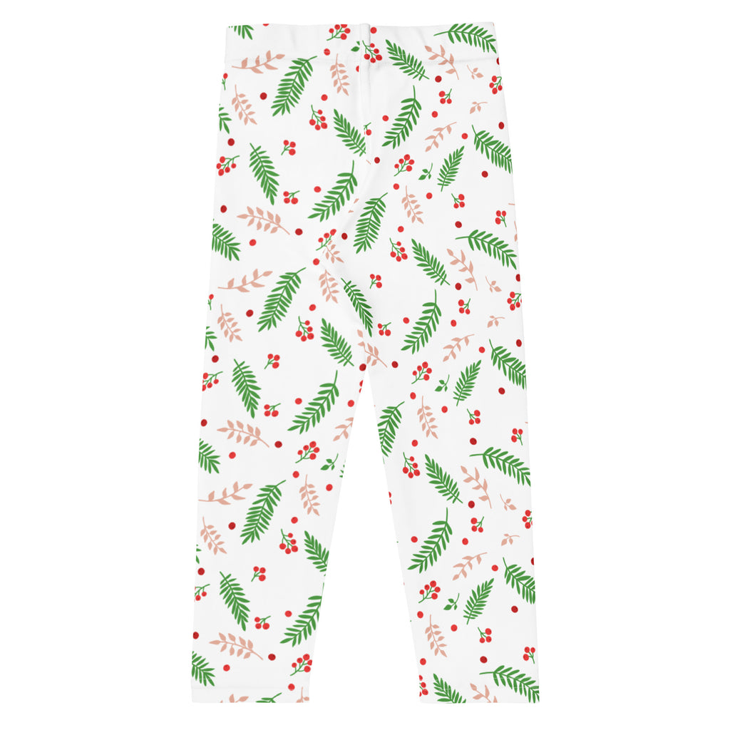 Kids holly and pine christmas buttery soft white leggings with festive green and pink leaves and red berries pattern