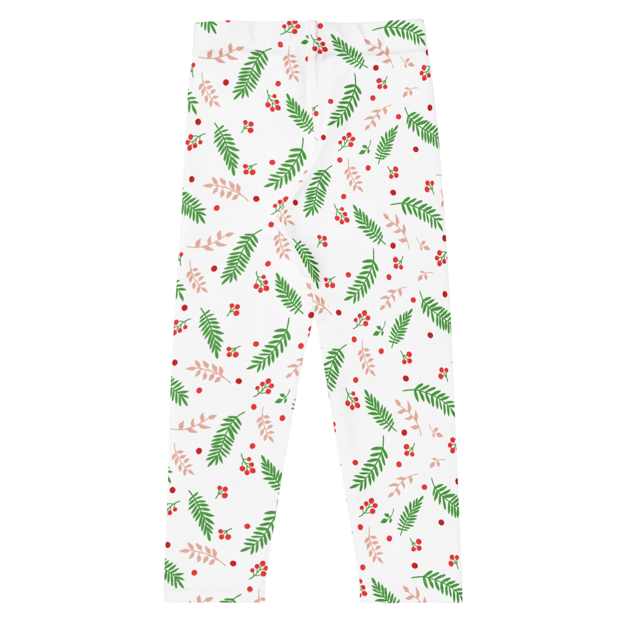 Kids holly and pine christmas buttery soft white leggings with festive green and pink leaves and red berries pattern
