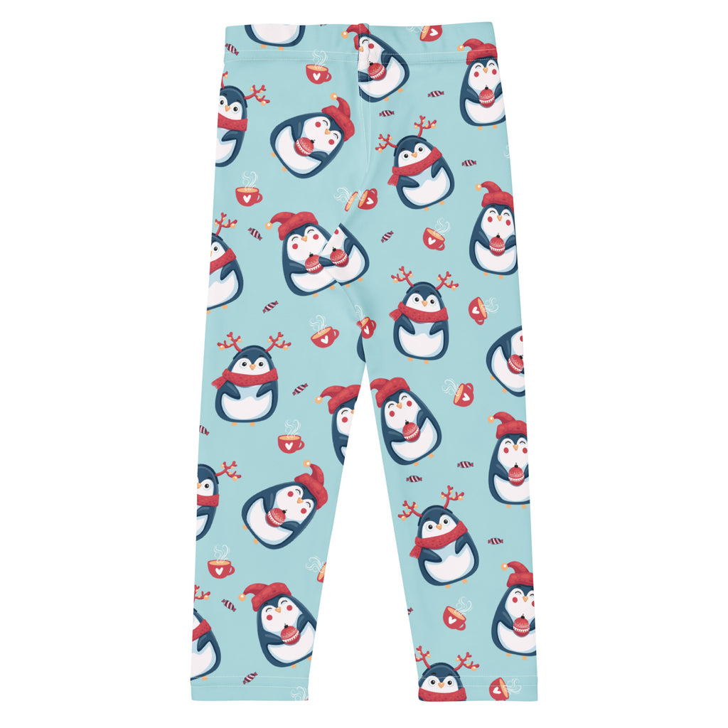 Light blue girls cute penguin Christmas buttery soft leggings with playful red hat penguin print and festive elements