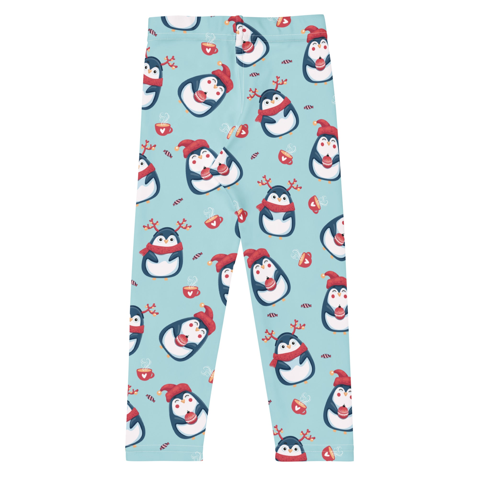 Light blue girls cute penguin Christmas buttery soft leggings with playful red hat penguin print and festive elements