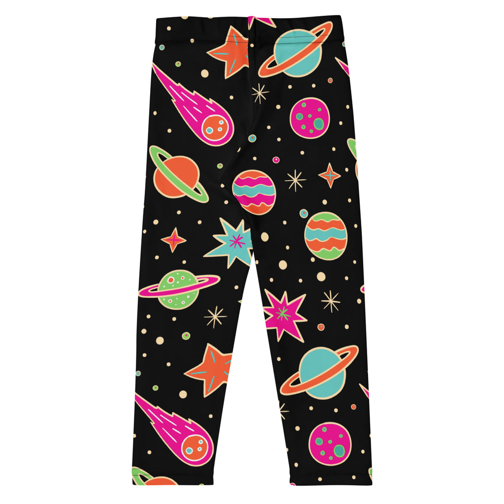 Girls retro outer space buttery soft black leggings with vibrant neon pink teal orange green and purple planet patterns