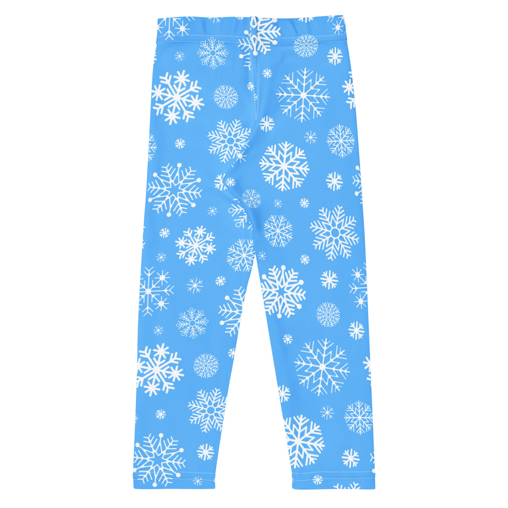 Kids blue snowflake buttery soft leggings in light blue with a playful white snowflake pattern in various sizes