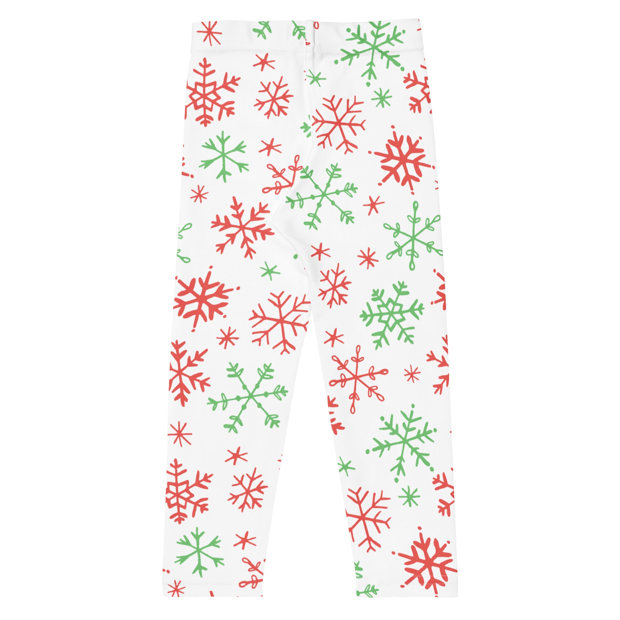 Kids red and green snowflake buttery soft white leggings with festive red and green snowflake pattern