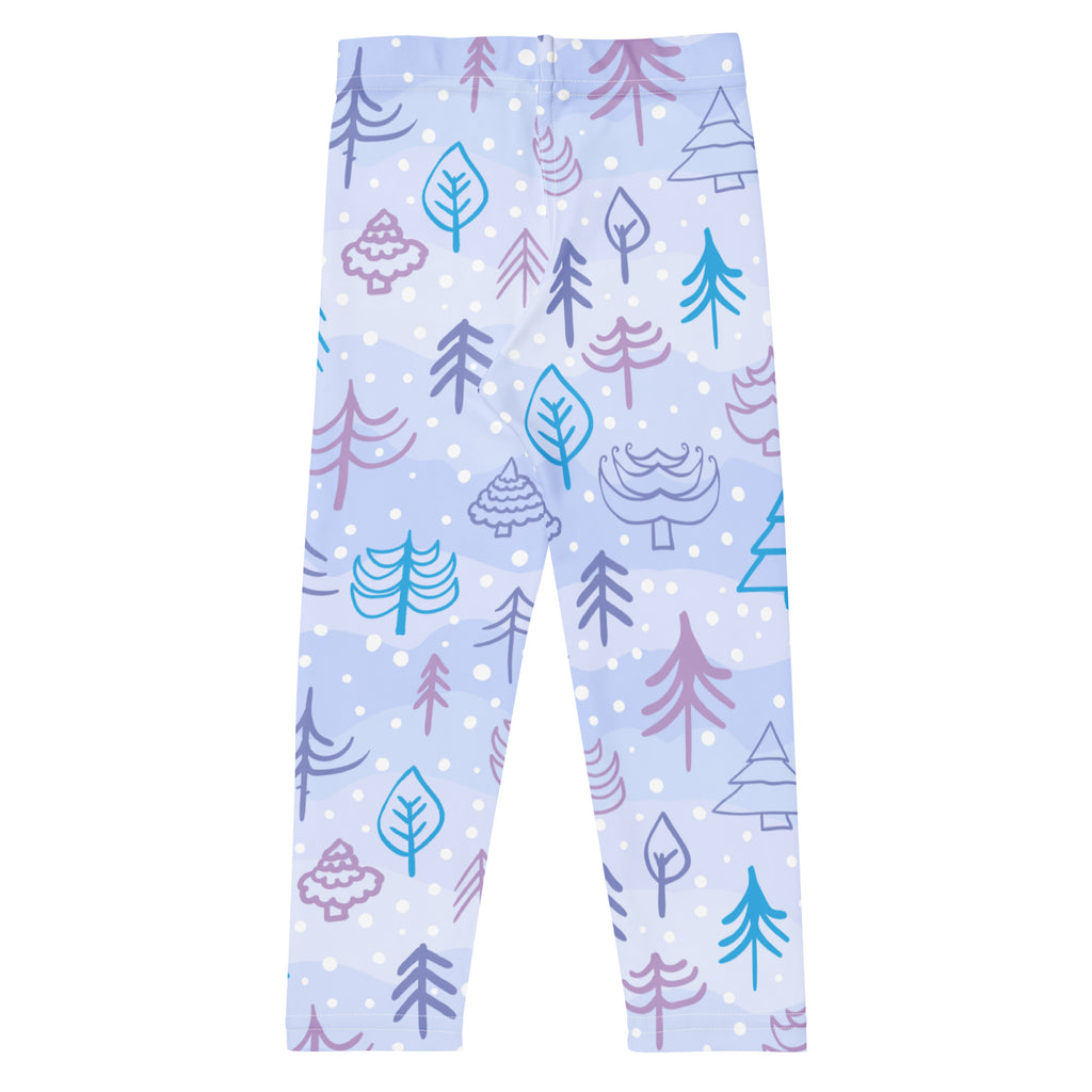 Kids snowy forest winter buttery soft light blue leggings with playful purple teal and gray tree leaf and mushroom pattern