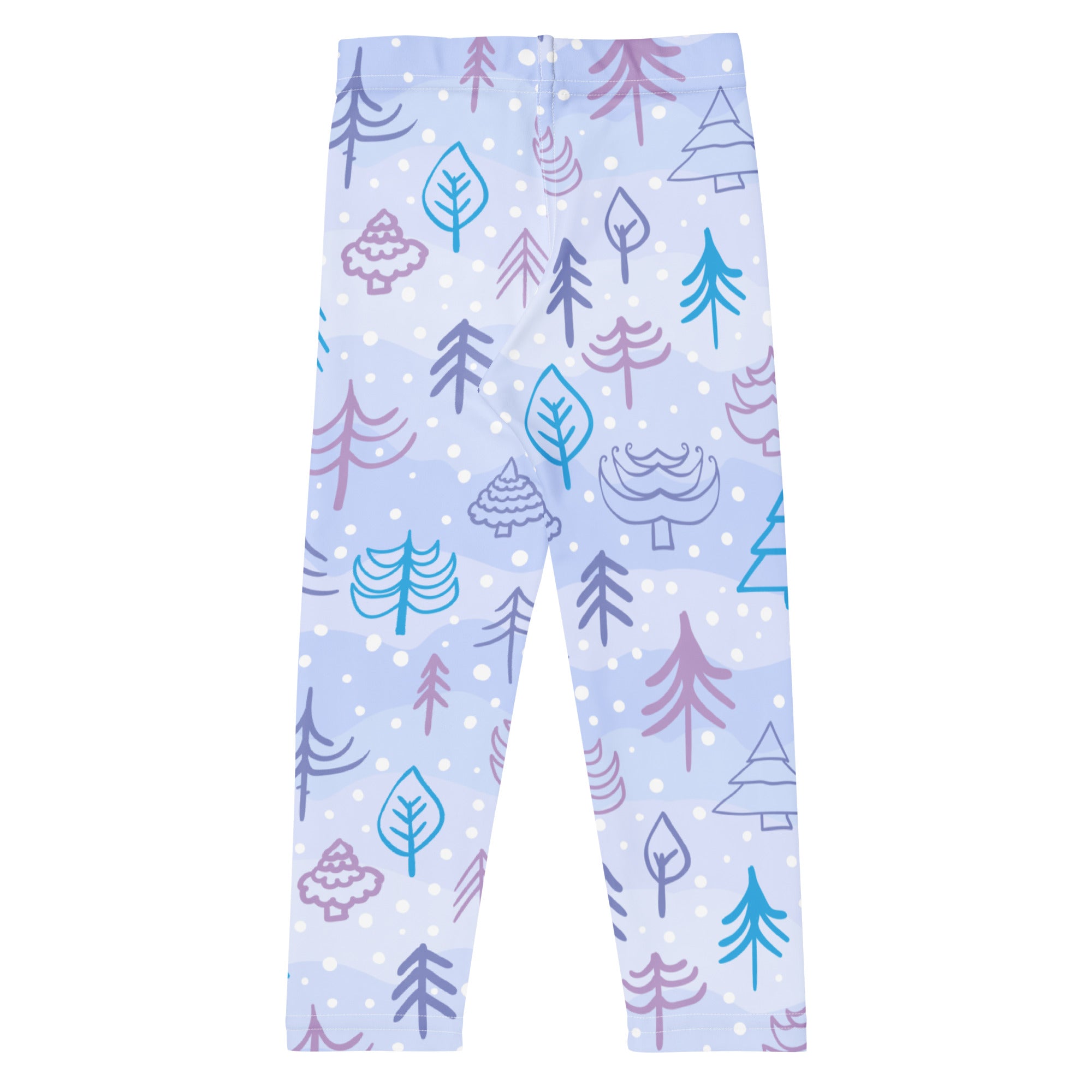 Kids snowy forest winter buttery soft light blue leggings with playful purple teal and gray tree leaf and mushroom pattern