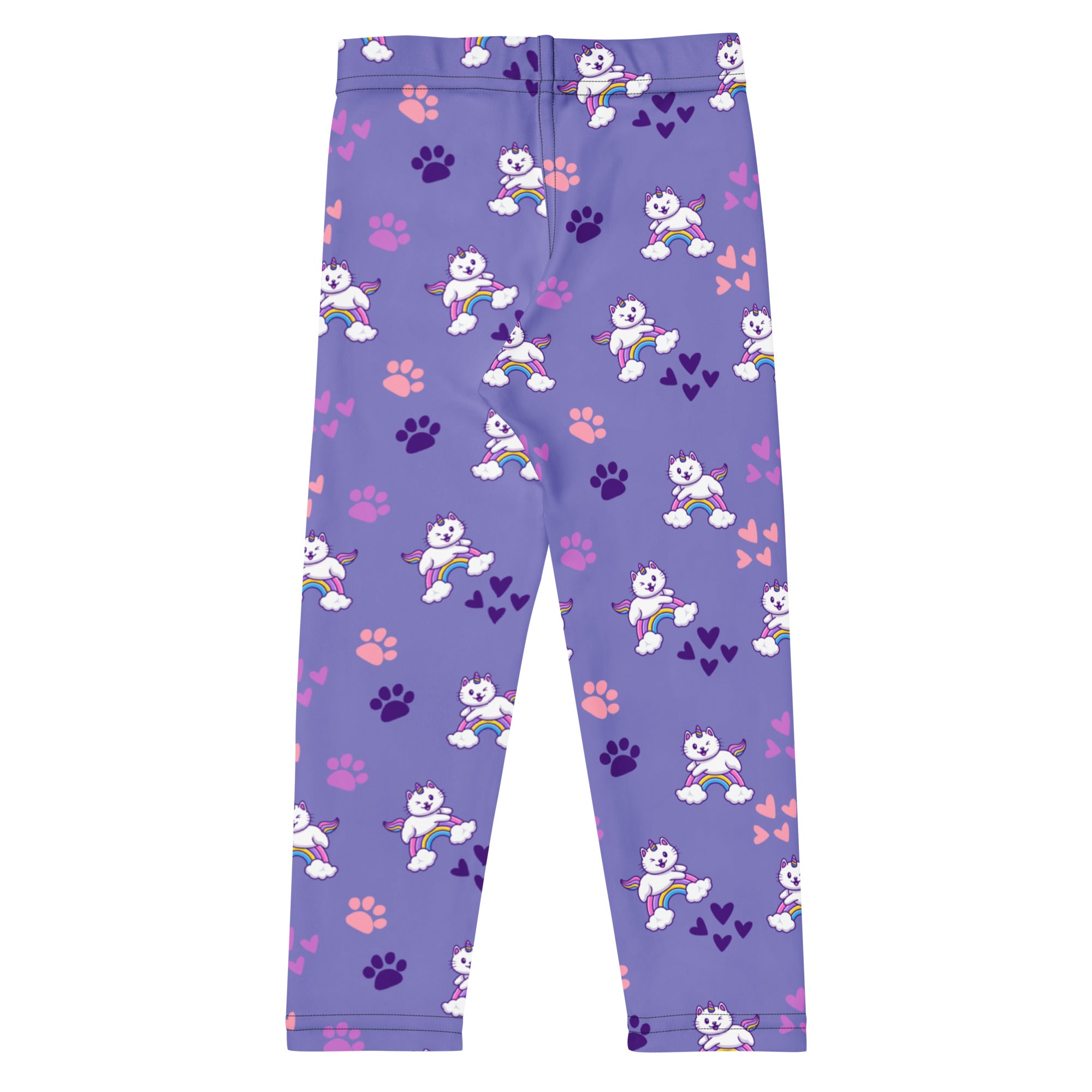 Girls purple caticorn buttery soft leggings with white winged cartoon cats rainbows and paw prints pattern