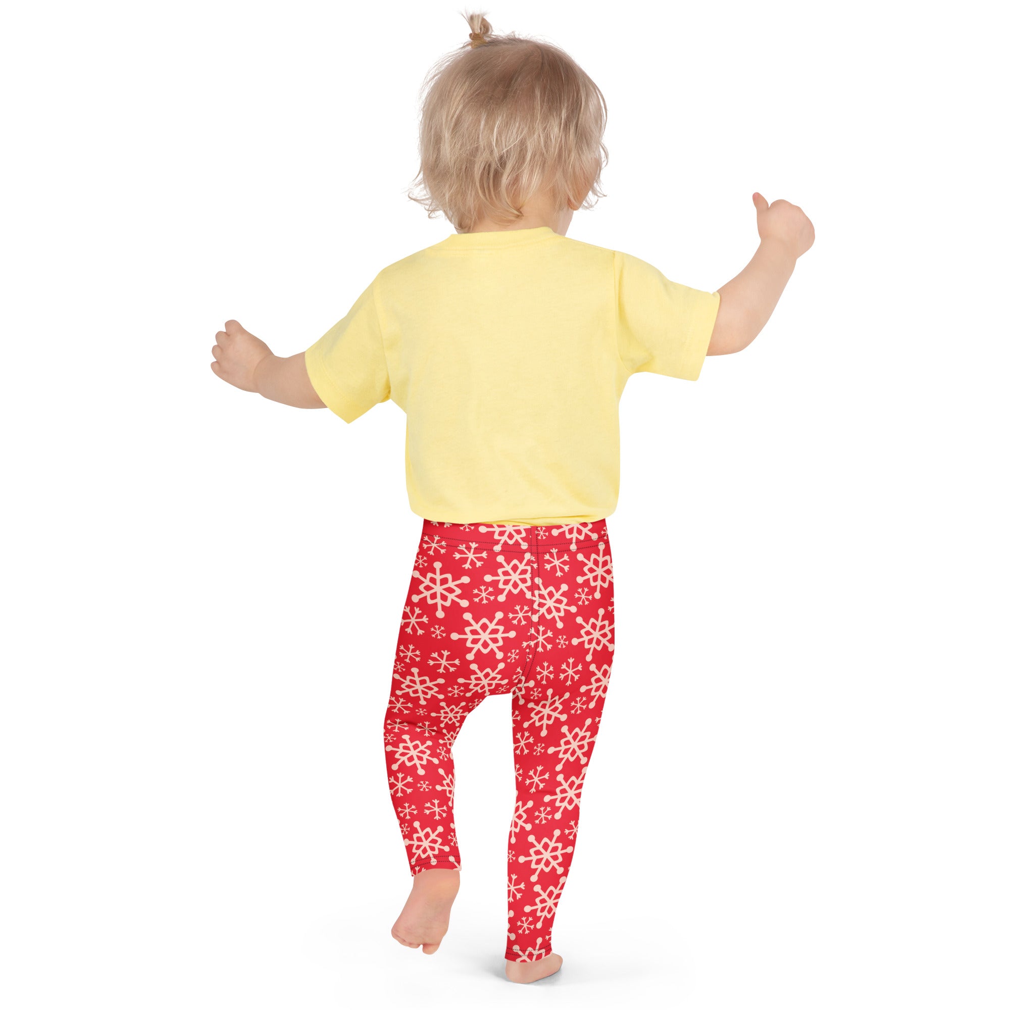 Kids red snowflake buttery soft leggings featuring white snowflake pattern and comfortable stretchy fabric