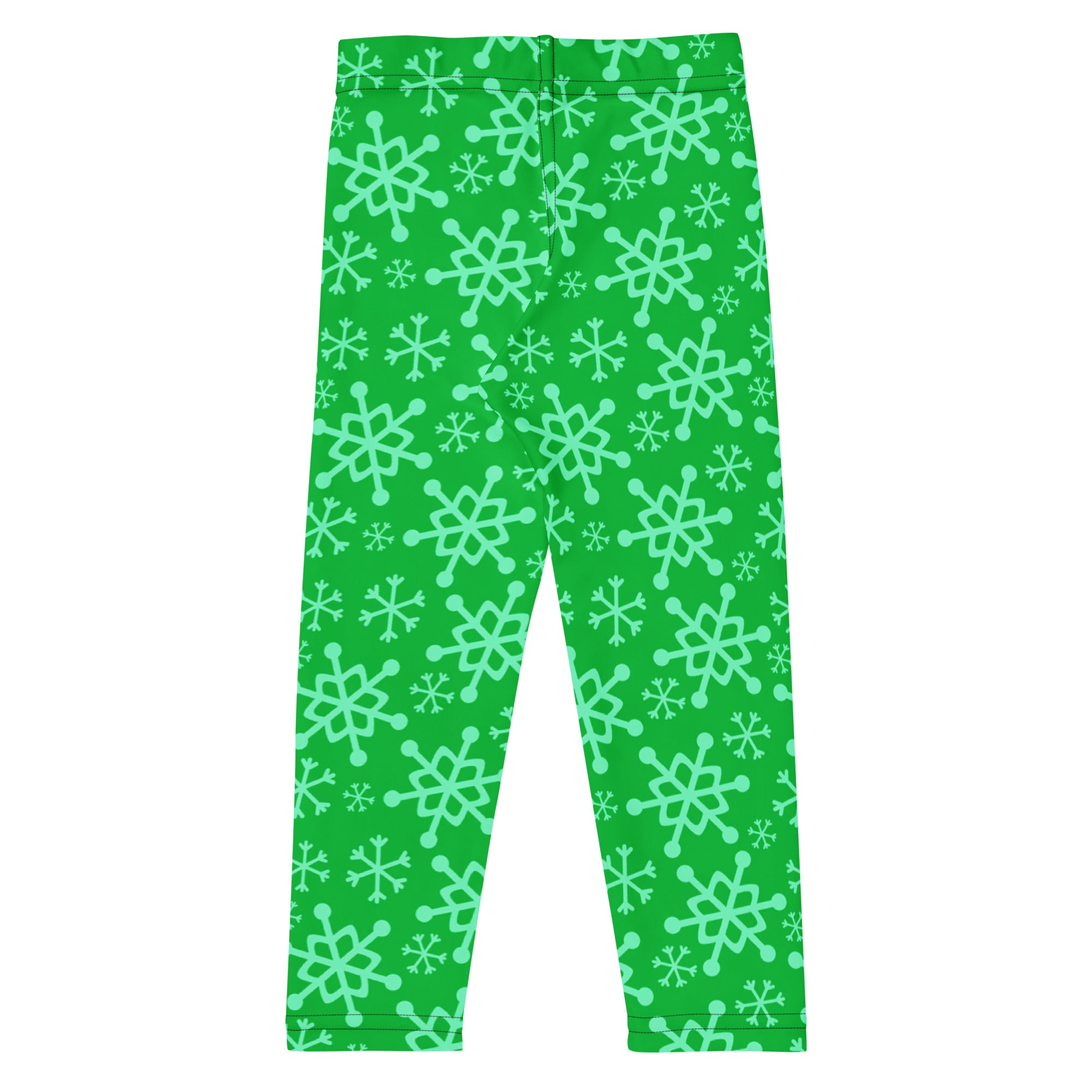 Kids green snowflake buttery soft leggings with bright green color and playful light mint snowflake pattern
