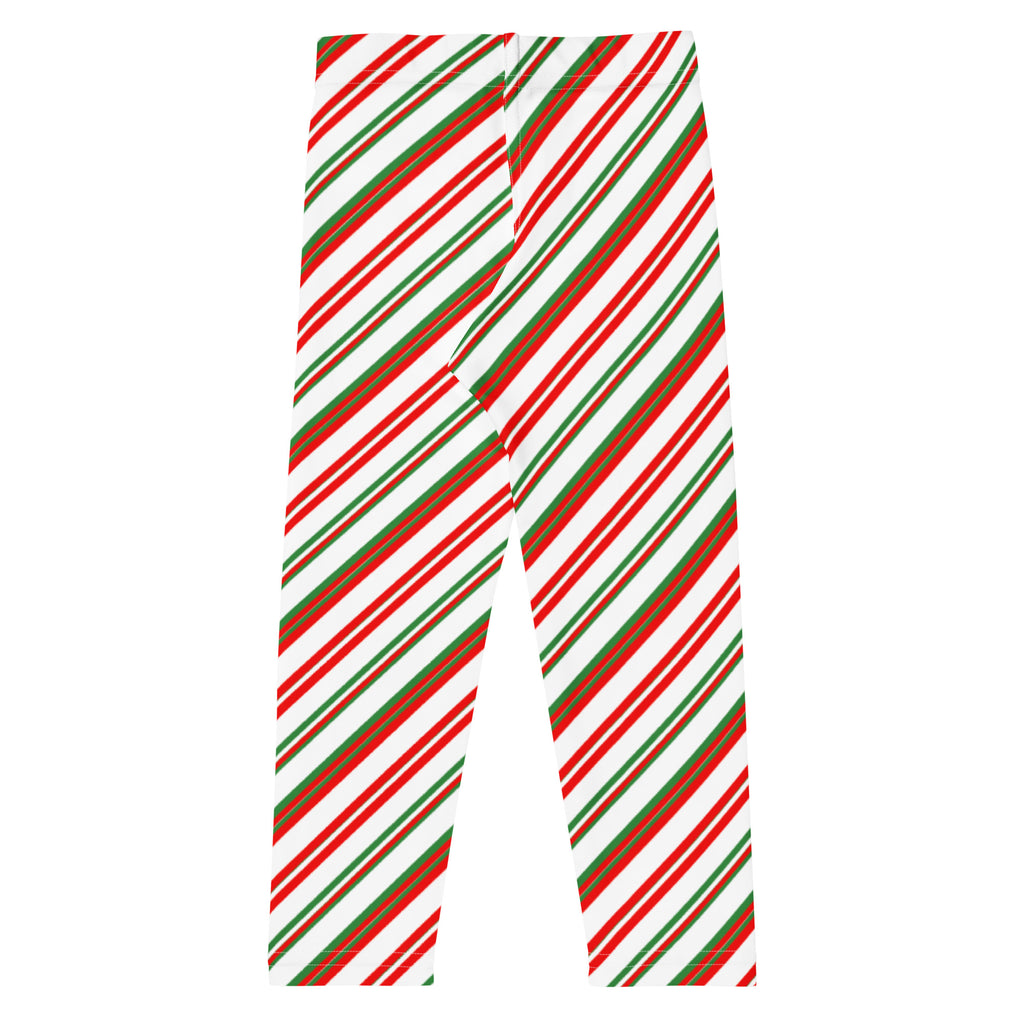 Kids peppermint candy cane striped buttery soft leggings with red and green diagonal stripes on a white background
