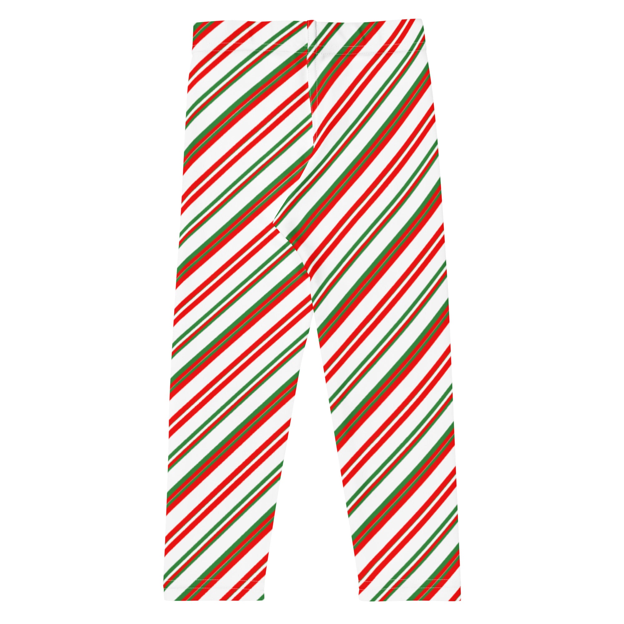 Kids peppermint candy cane striped buttery soft leggings with red and green diagonal stripes on a white background