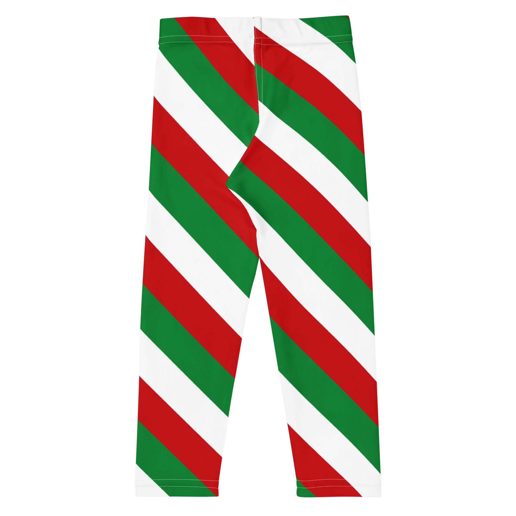 Kids red green and white buttery soft leggings with festive candy cane diagonal stripes for Christmas wear