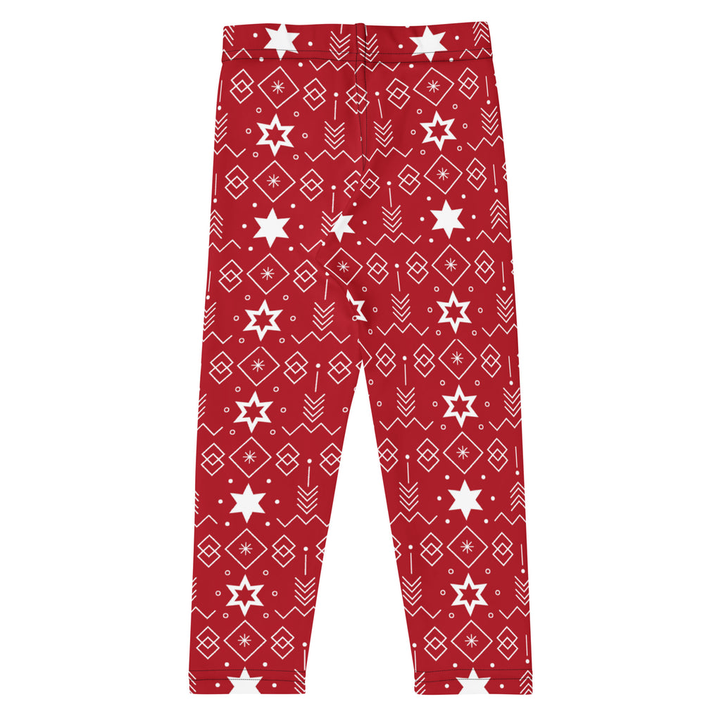 Kids red Hanukkah Star of David buttery soft leggings with festive white geometric stars diamonds and arrows pattern