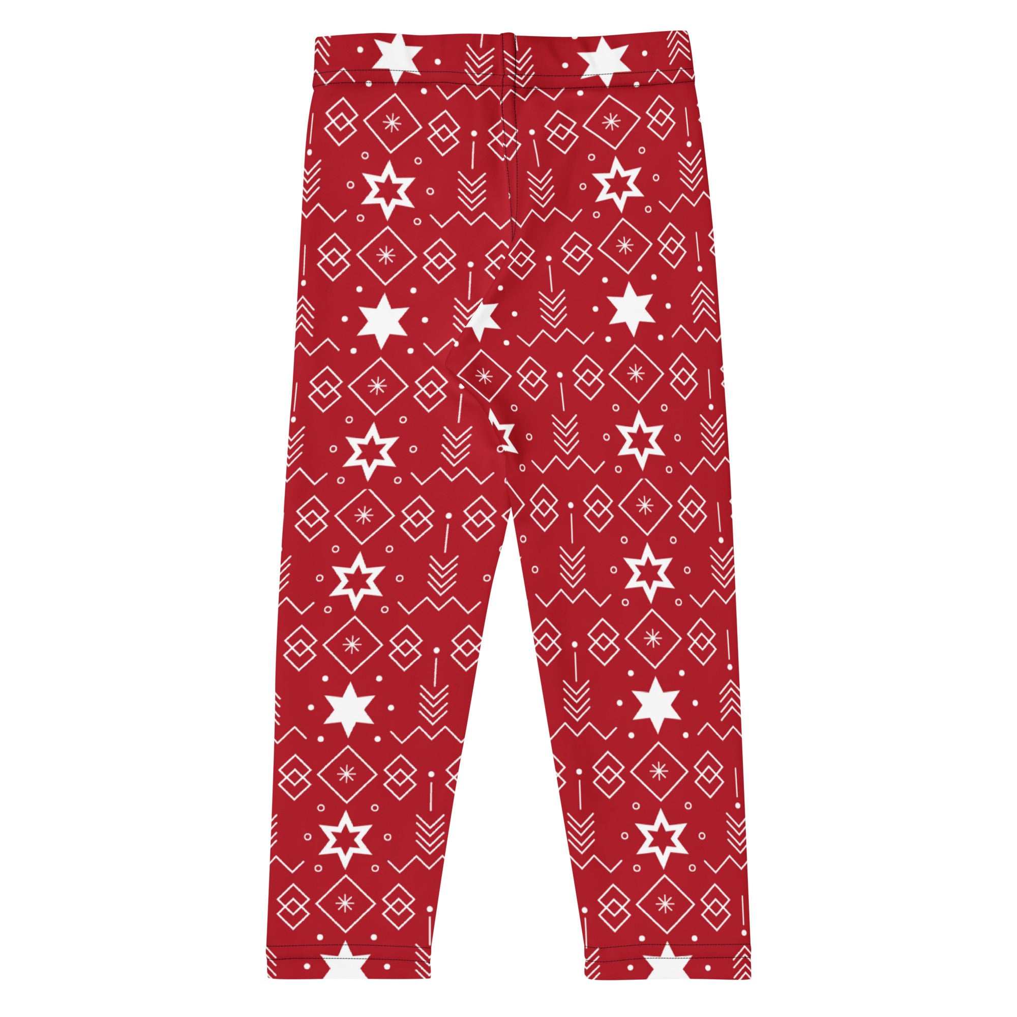 Kids red Hanukkah Star of David buttery soft leggings with festive white geometric stars diamonds and arrows pattern