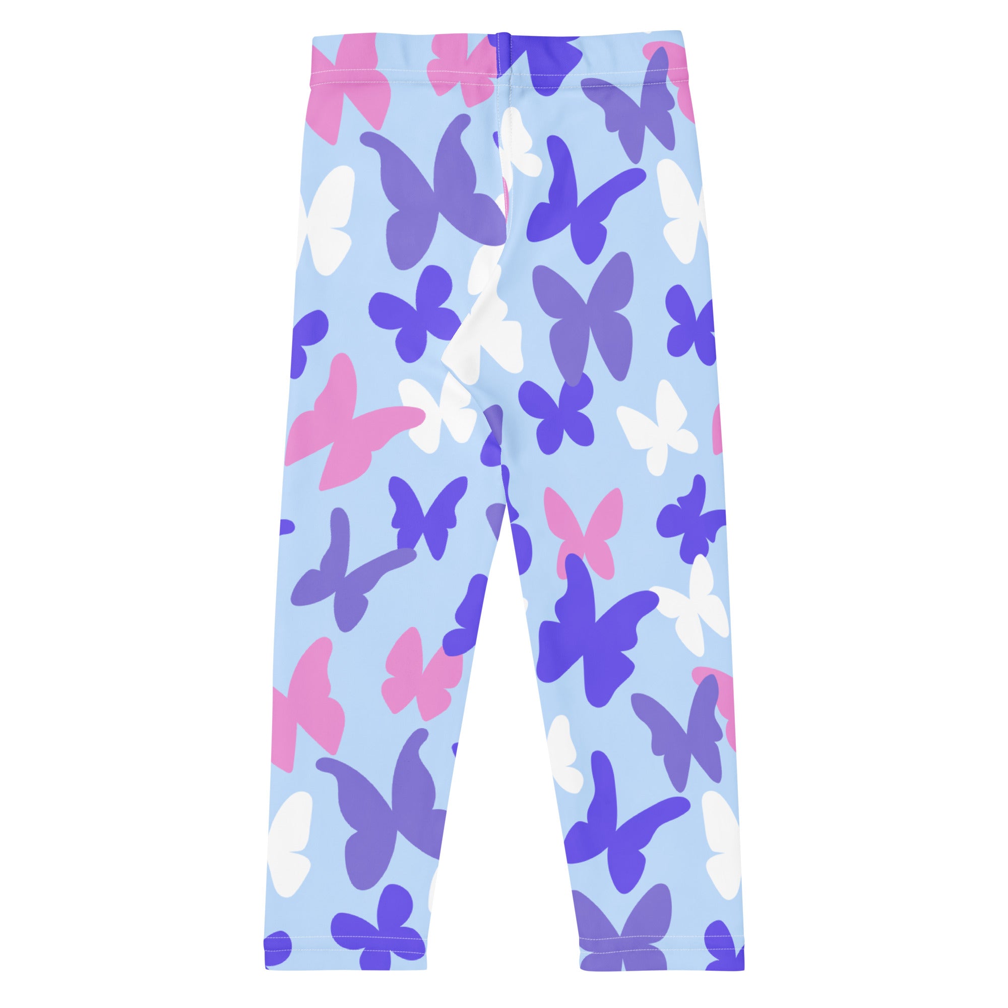 Girls pastel butterfly buttery soft leggings in light blue with pink purple and white butterfly pattern