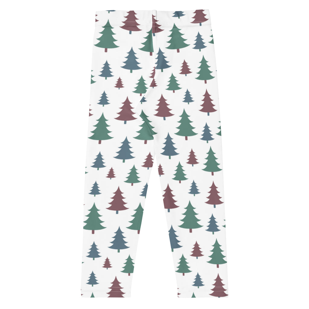 White kids buttery soft leggings with playful pine tree pattern in green and maroon for winter wear