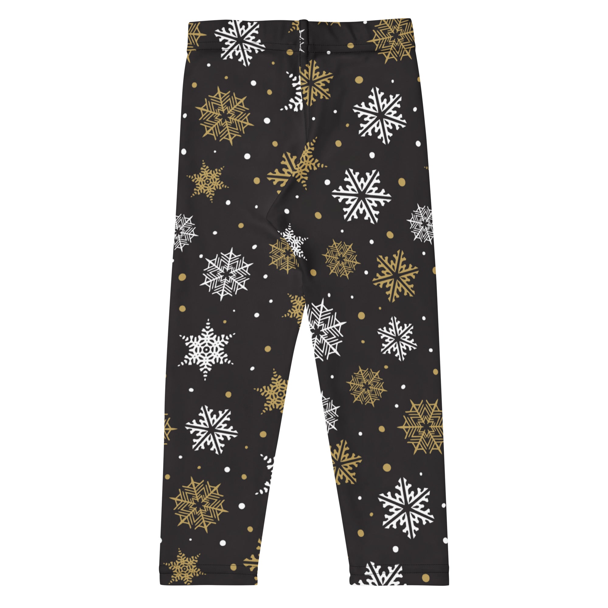 Kids gold and white snowflake buttery soft black leggings with festive snowflake pattern for winter wear