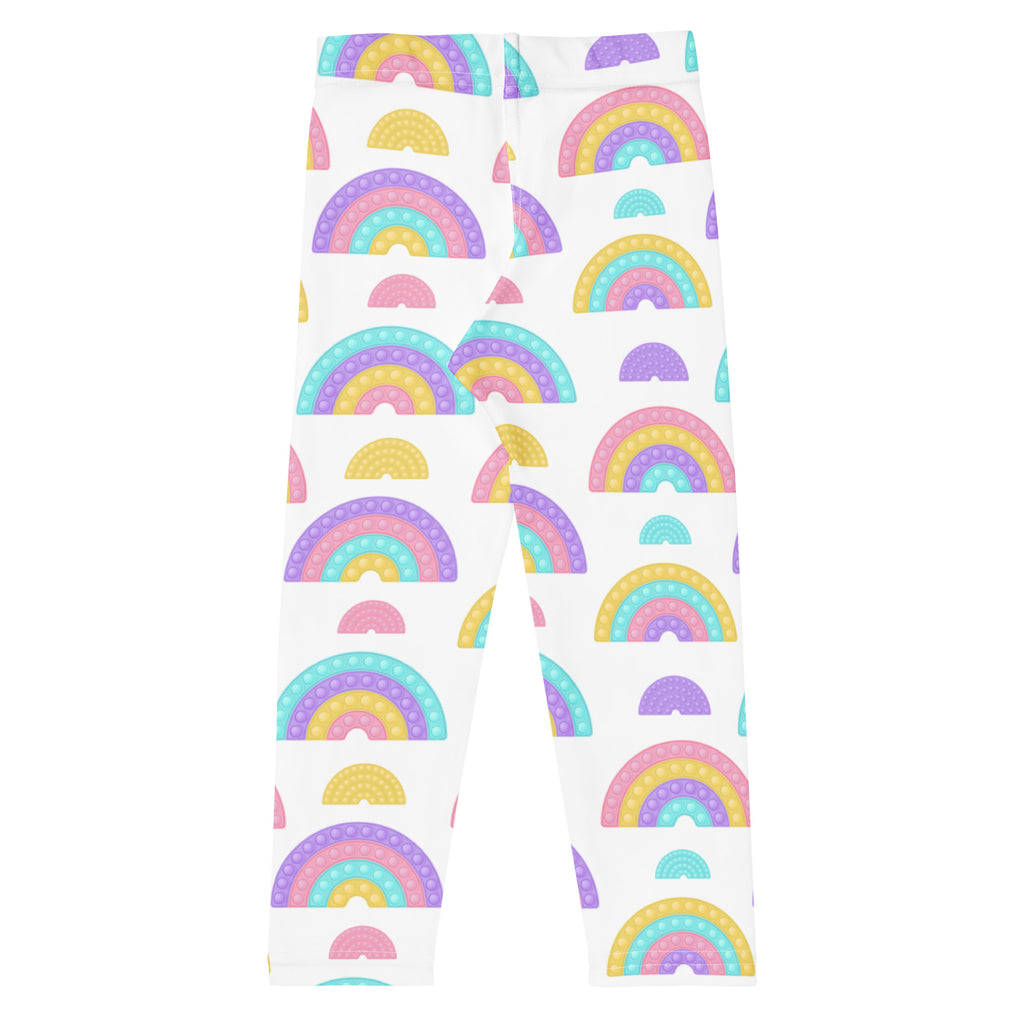 Kids bubble fidget themed buttery soft white leggings with pastel pink purple yellow and teal rainbow pattern