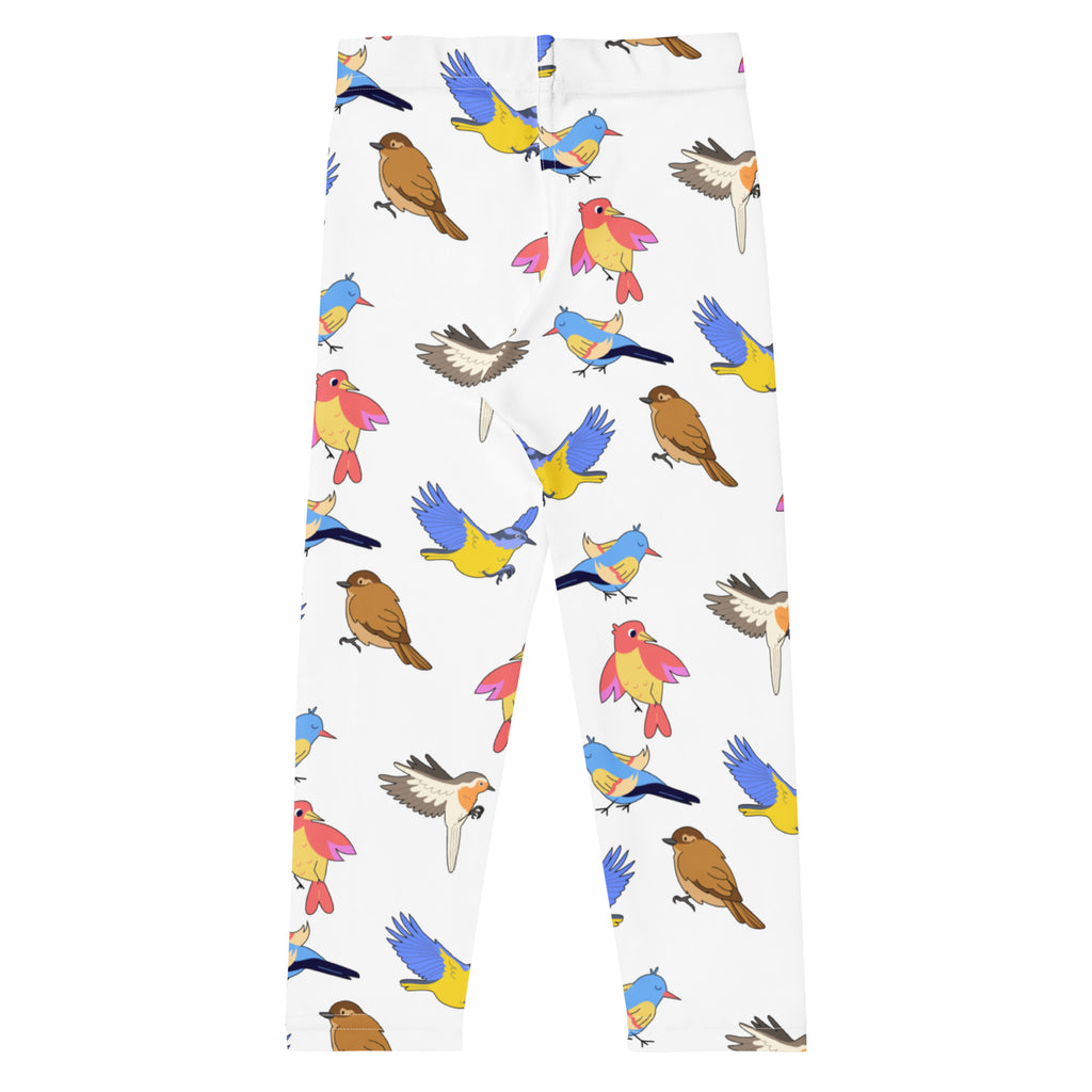 White buttery soft kids leggings with a colorful playful pattern of cartoon birds in blue yellow pink and brown