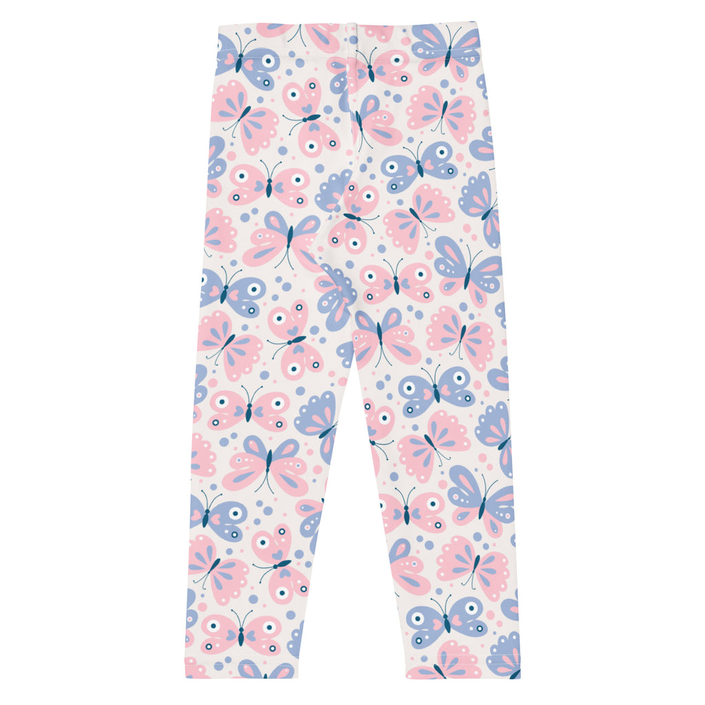 Girls pink and lavender butterfly buttery soft leggings featuring pink and blue butterfly patterns on a white background