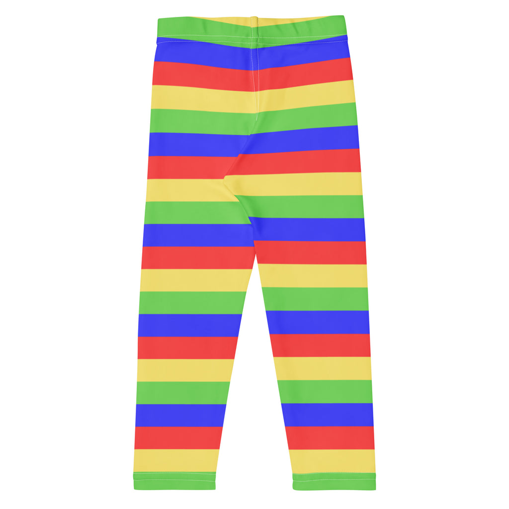 Kids colorful striped butterfly buttery soft leggings with bold rainbow horizontal bands in red blue green and yellow