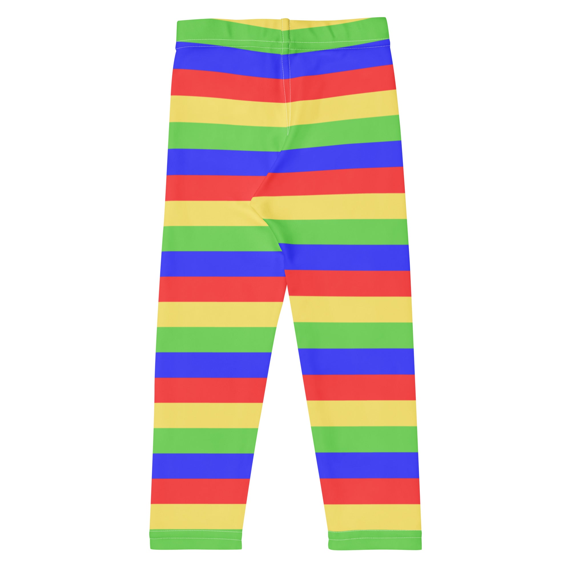 Kids colorful striped butterfly buttery soft leggings with bold rainbow horizontal bands in red blue green and yellow