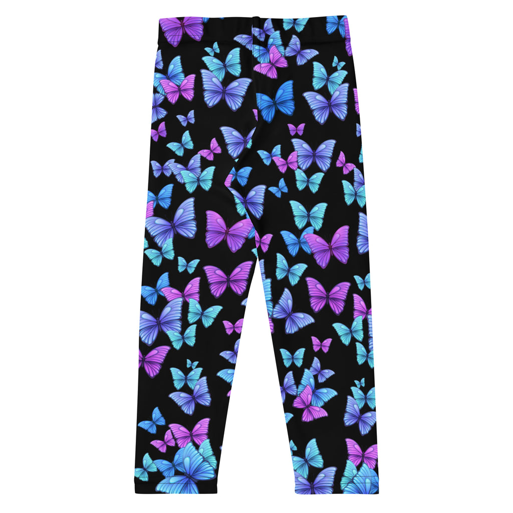 Black girls vibrant butterfly buttery soft leggings with purple and blue butterfly pattern
