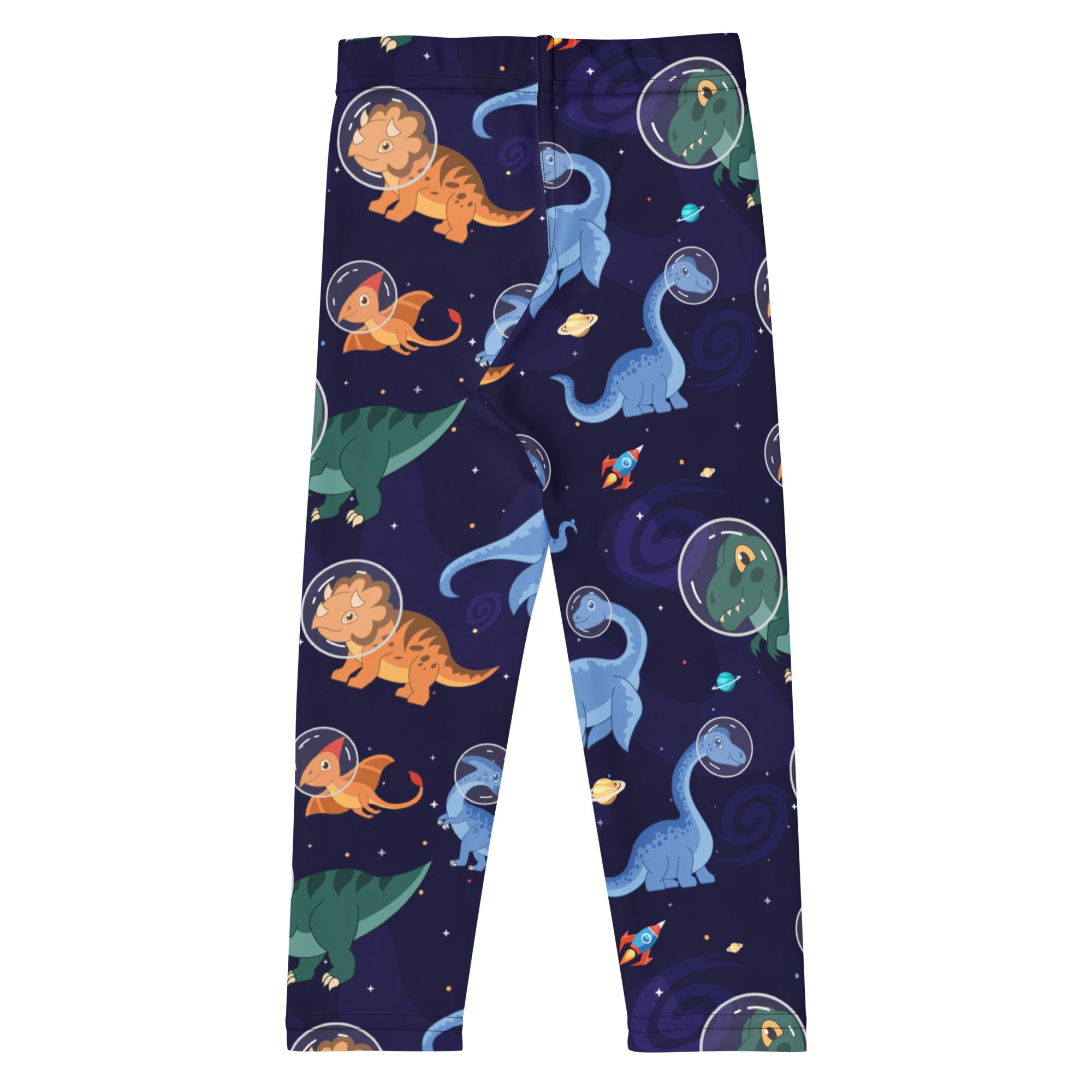 Dark blue kids space dinosaur buttery soft leggings featuring playful astronauts rockets and planets pattern
