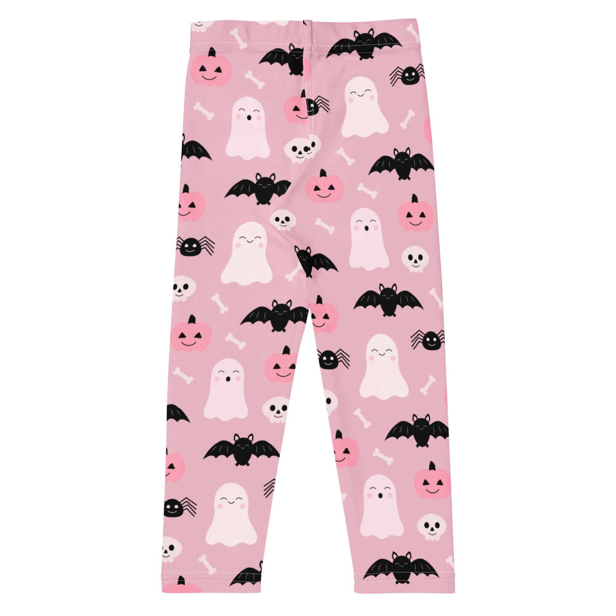 Girls cute ghost and bats pink halloween buttery soft leggings with playful bats ghosts pumpkins and skulls on fabric