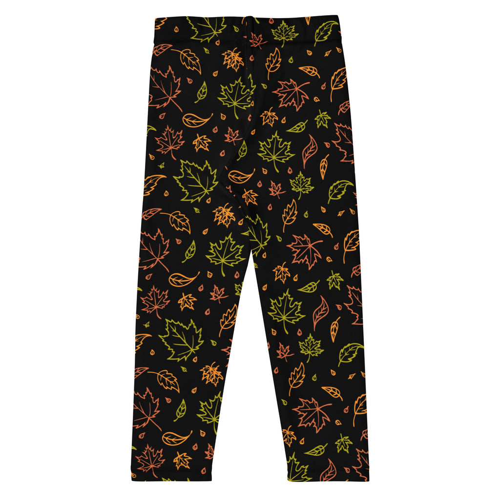 Black kids fall leaf buttery soft leggings with neon green and orange leaf outline pattern