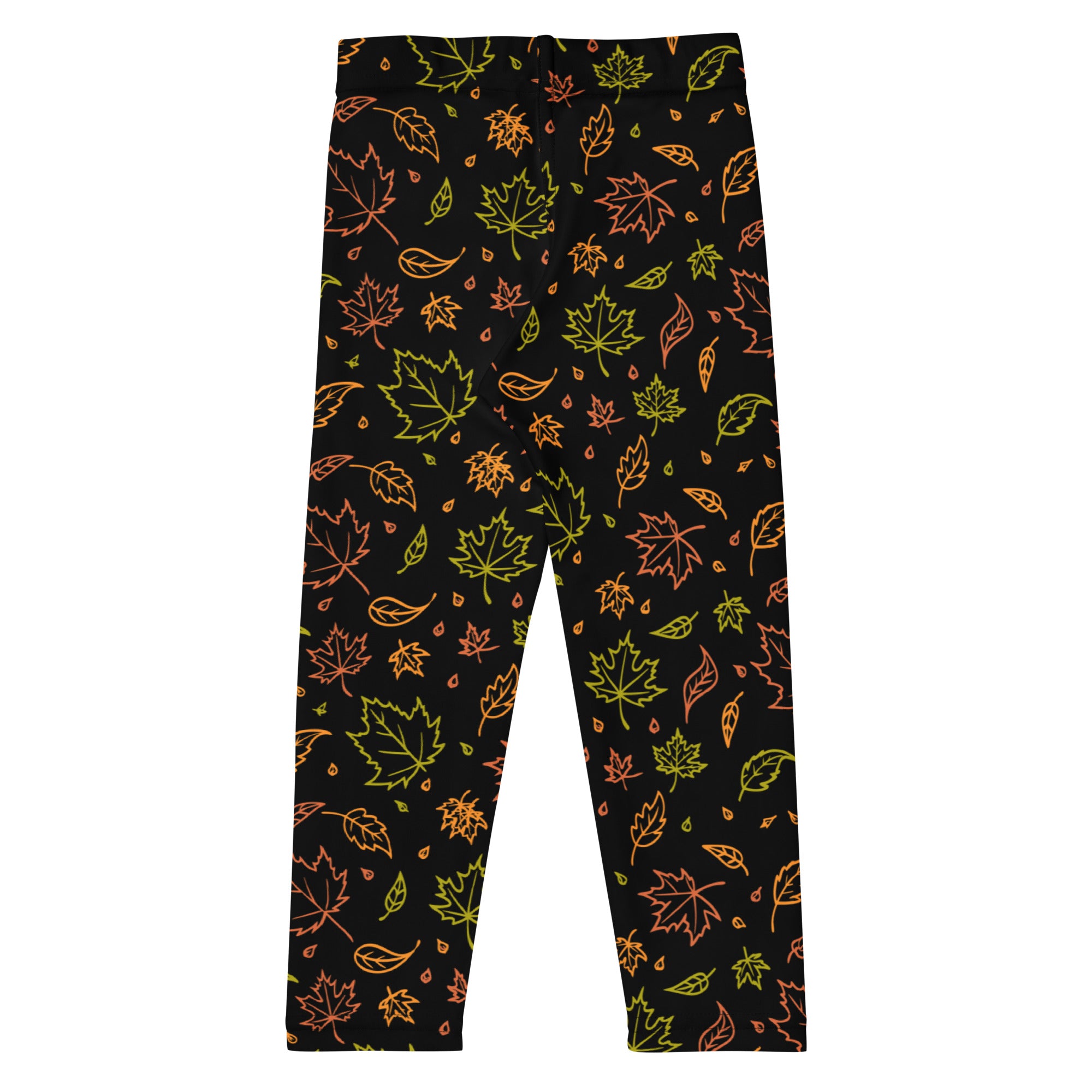 Black kids fall leaf buttery soft leggings with neon green and orange leaf outline pattern