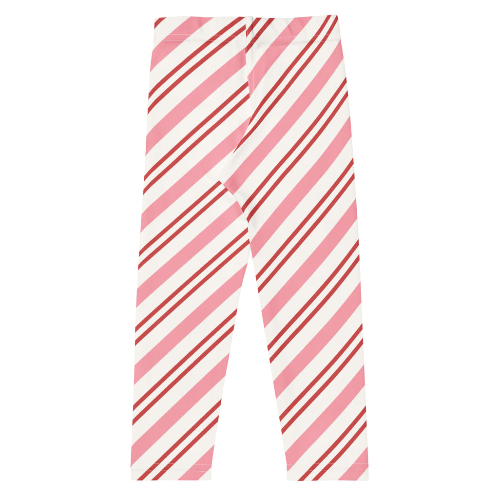 Girls pink candy cane stripe buttery soft leggings with pink and white diagonal stripes for comfortable wear