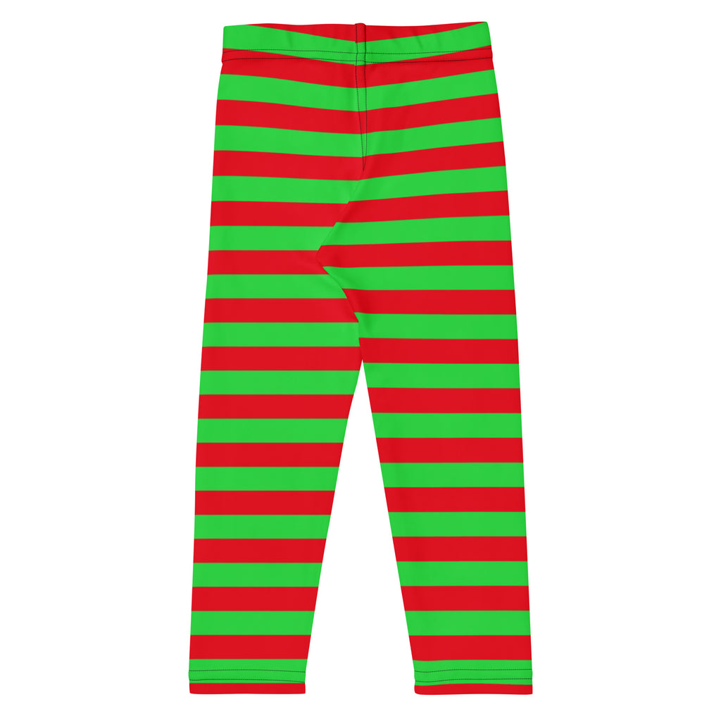 Kids red and green striped Christmas leggings made of buttery soft stretchy fabric for comfortable wear