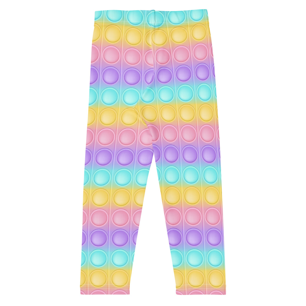 Kids bubble fidget toy themed buttery soft leggings in rainbow pastel colors with a pop-it button pattern