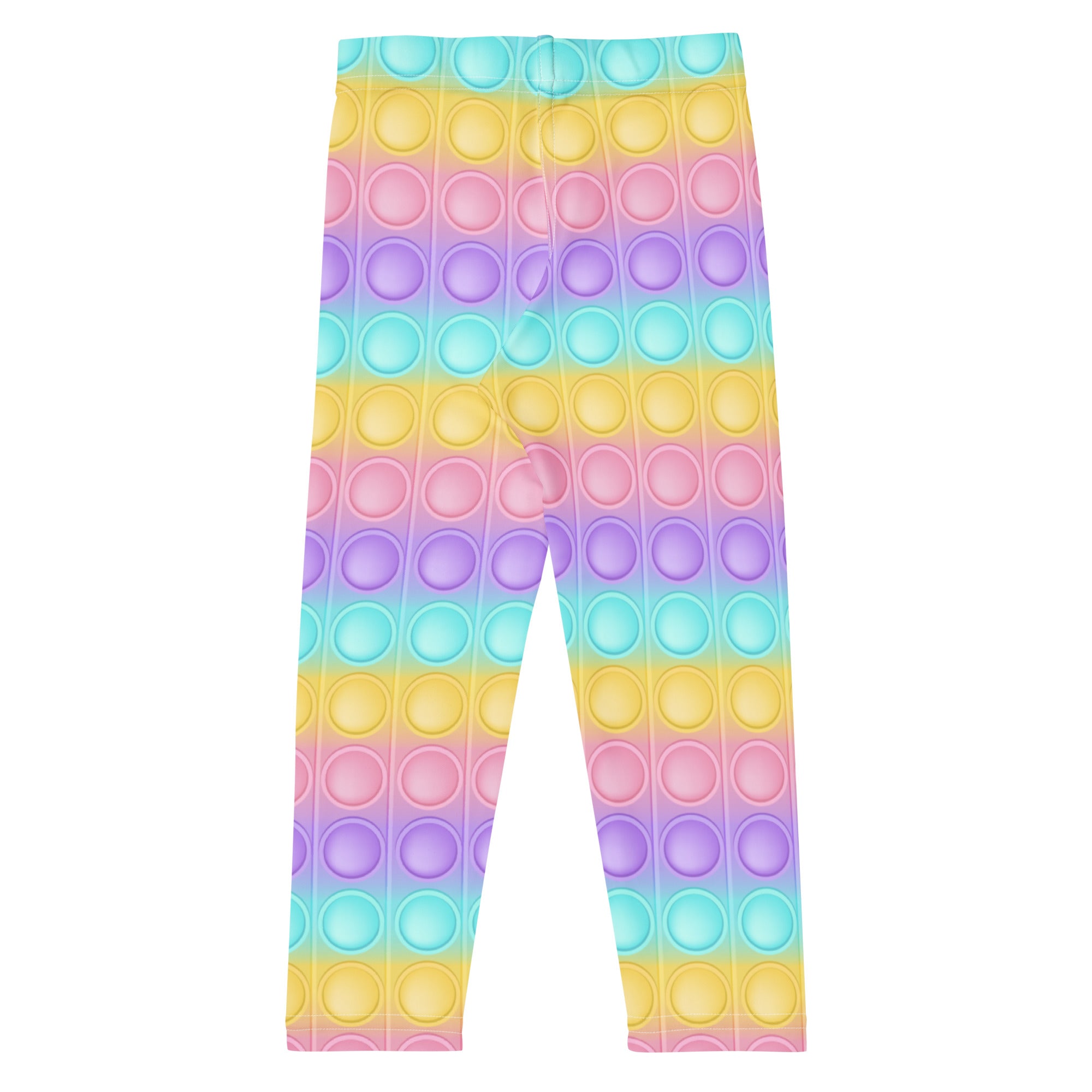 Kids bubble fidget toy themed buttery soft leggings in rainbow pastel colors with a pop-it button pattern