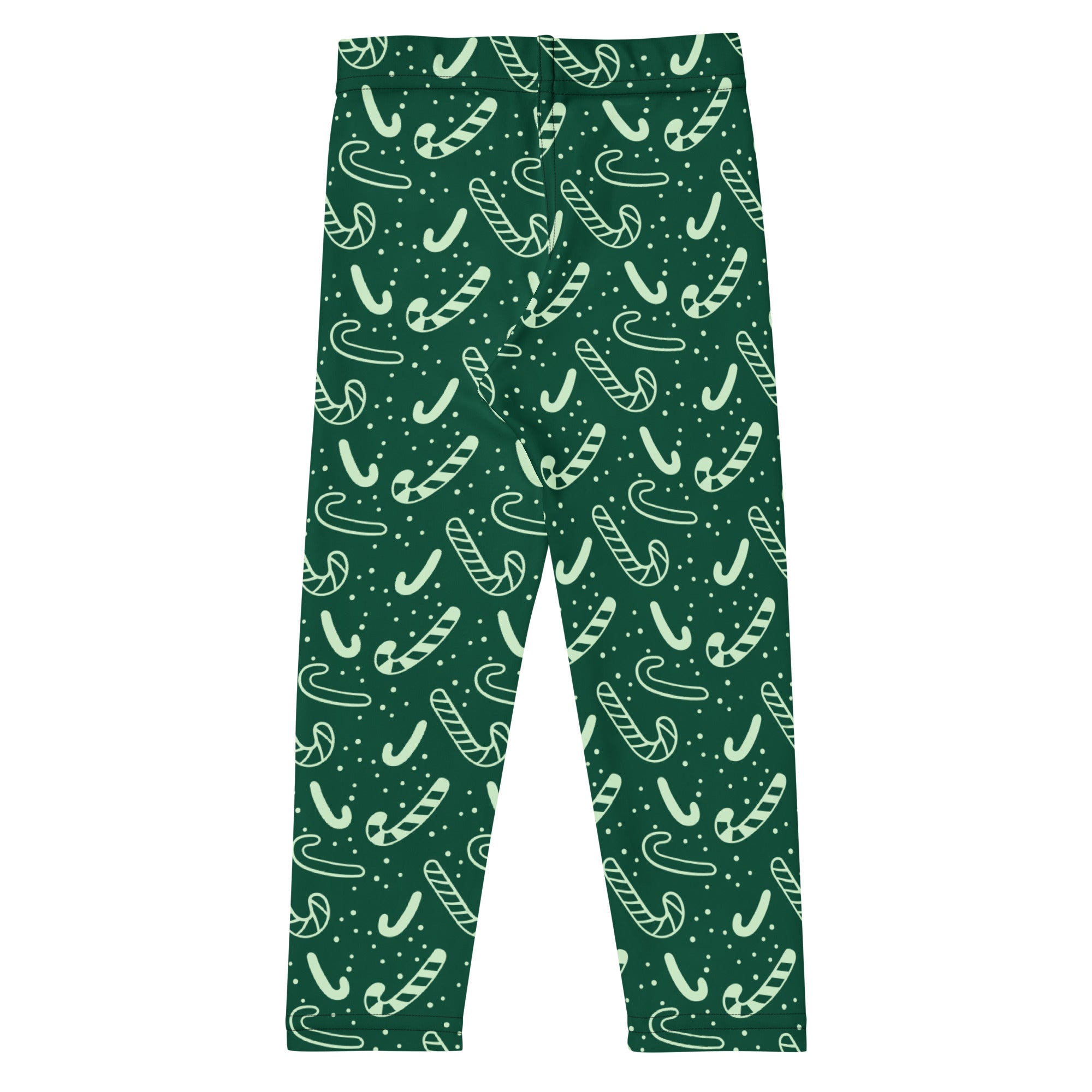Kids green candy cane buttery soft leggings in dark green with light mint candy cane pattern and small dots