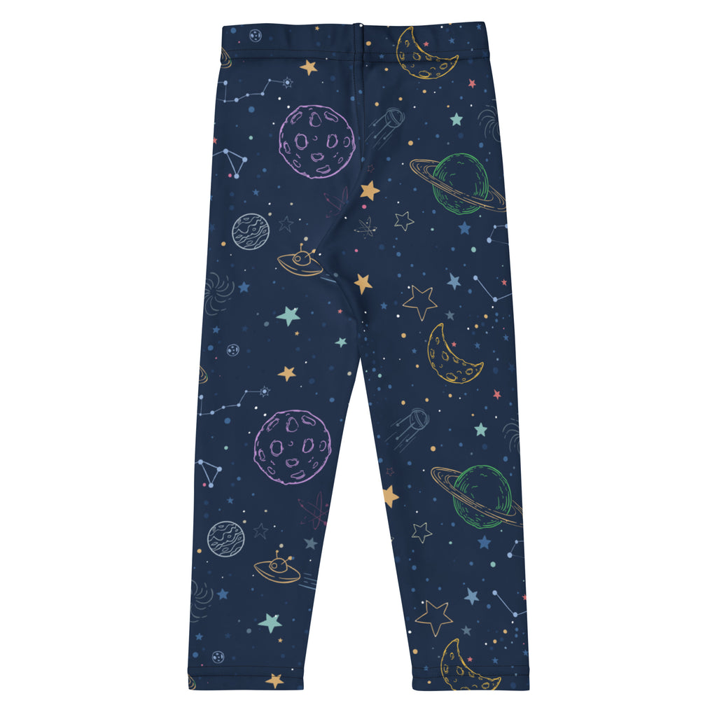 Kids colorful galaxy space buttery soft leggings in dark blue with colorful planet stars moon and ufo illustrations