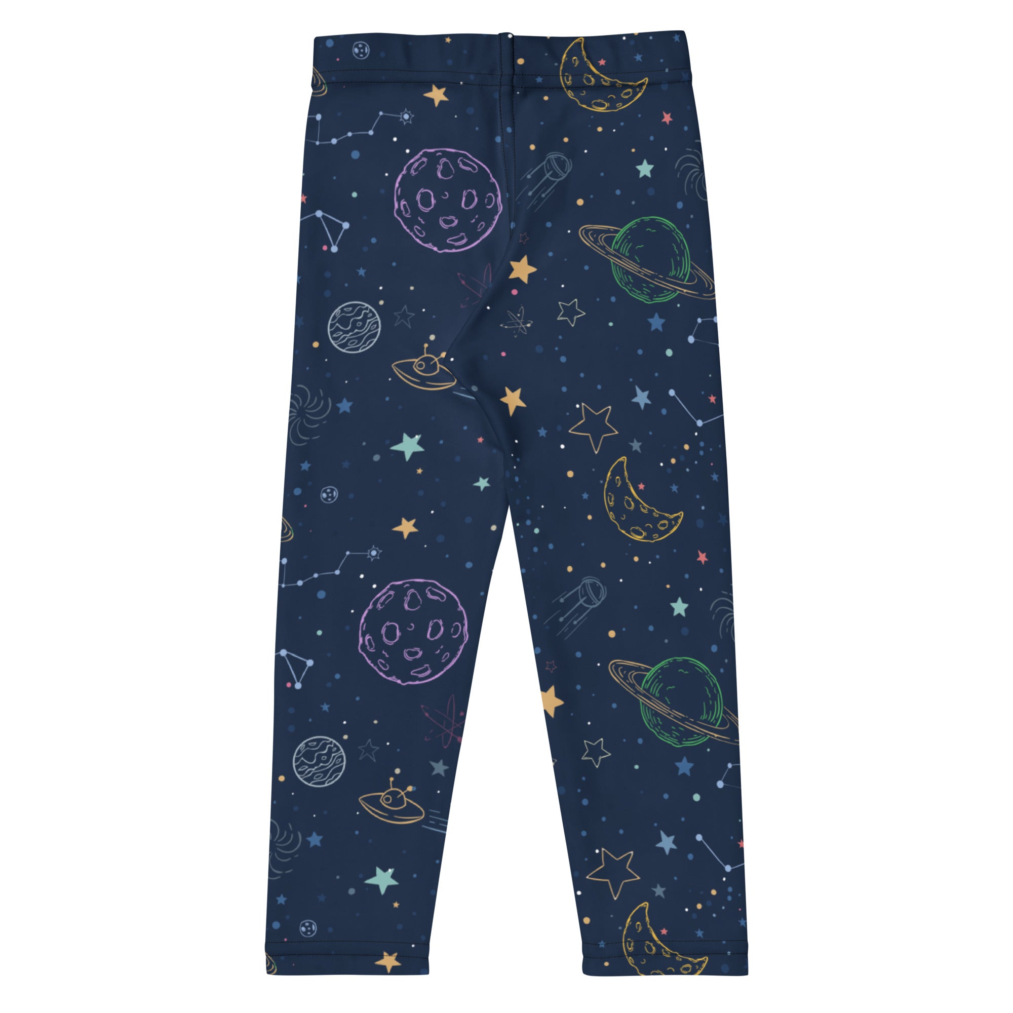 Kids colorful galaxy space buttery soft leggings in dark blue with colorful planet stars moon and ufo illustrations