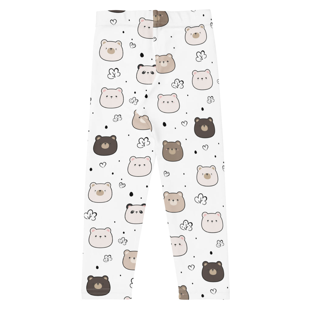 Kids white bear face buttery soft leggings with playful beige brown black cartoon bears hearts and floral patterns