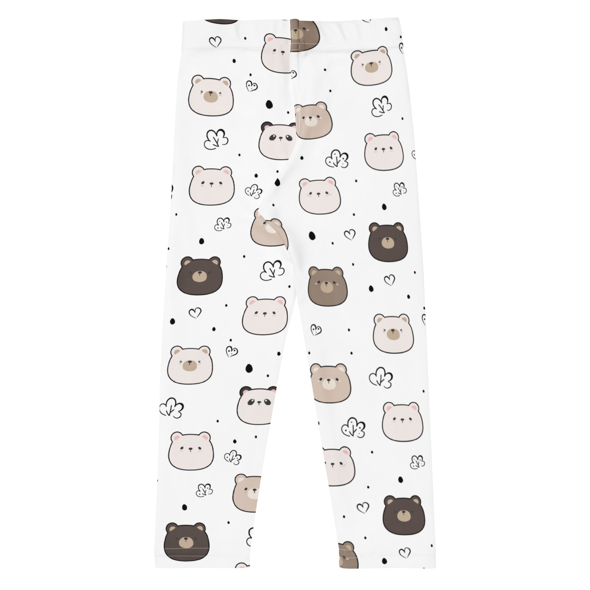 Kids white bear face buttery soft leggings with playful beige brown black cartoon bears hearts and floral patterns