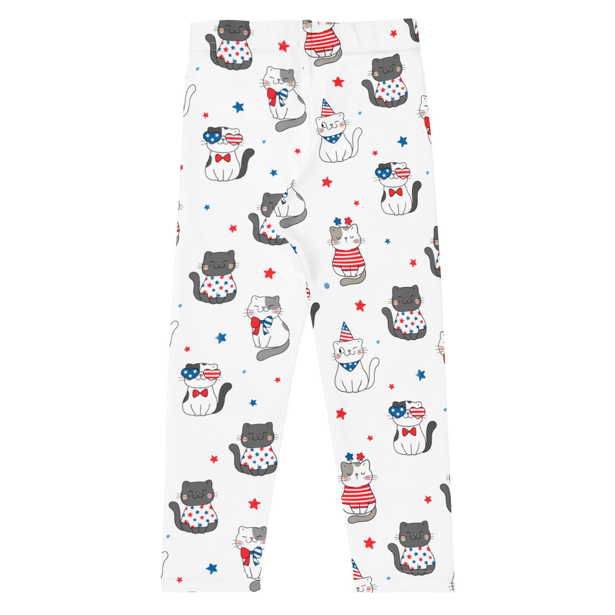 Kids fourth of july cat buttery soft white leggings with playful cartoon cats in red white and blue outfits