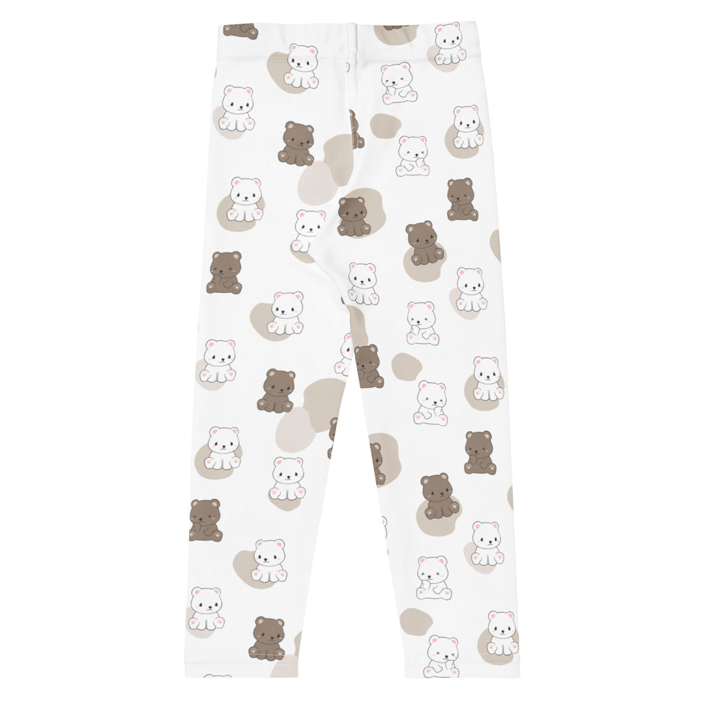 Kids cute bear print buttery soft white leggings with playful white and brown cartoon bears on beige circles