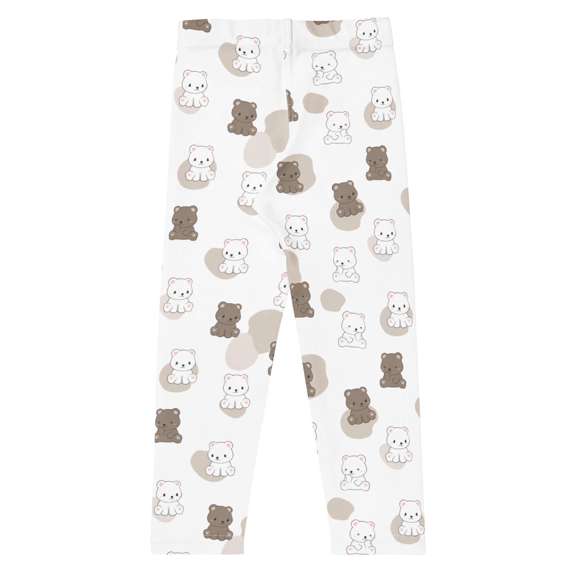 Kids cute bear print buttery soft white leggings with playful white and brown cartoon bears on beige circles